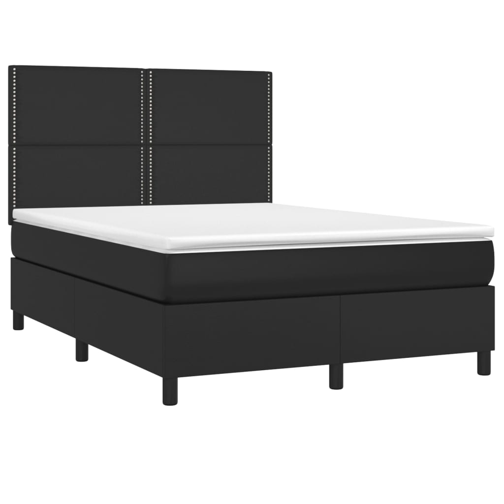 Cama box spring c/ colchão/LED 140x190cm couro artificial preto