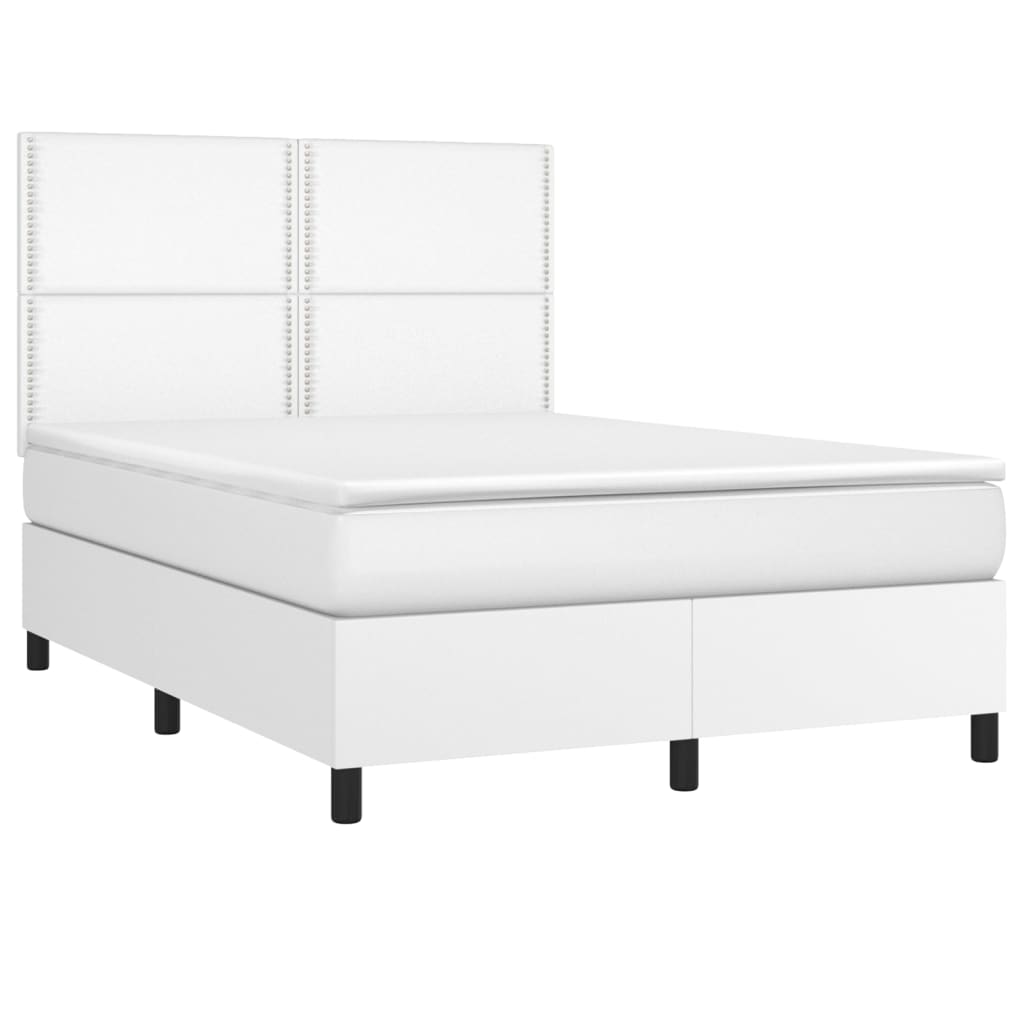 Cama box spring c/colchão/LED 140x190cm couro artificial branco