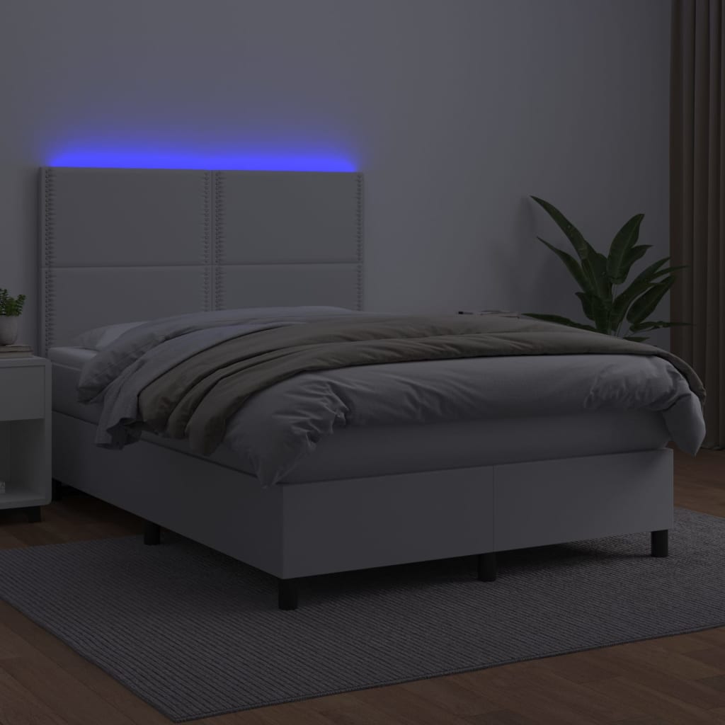 Cama box spring c/colchão/LED 140x190cm couro artificial branco