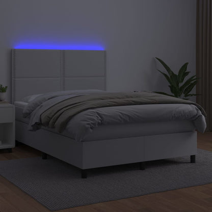 Cama box spring c/colchão/LED 140x190cm couro artificial branco