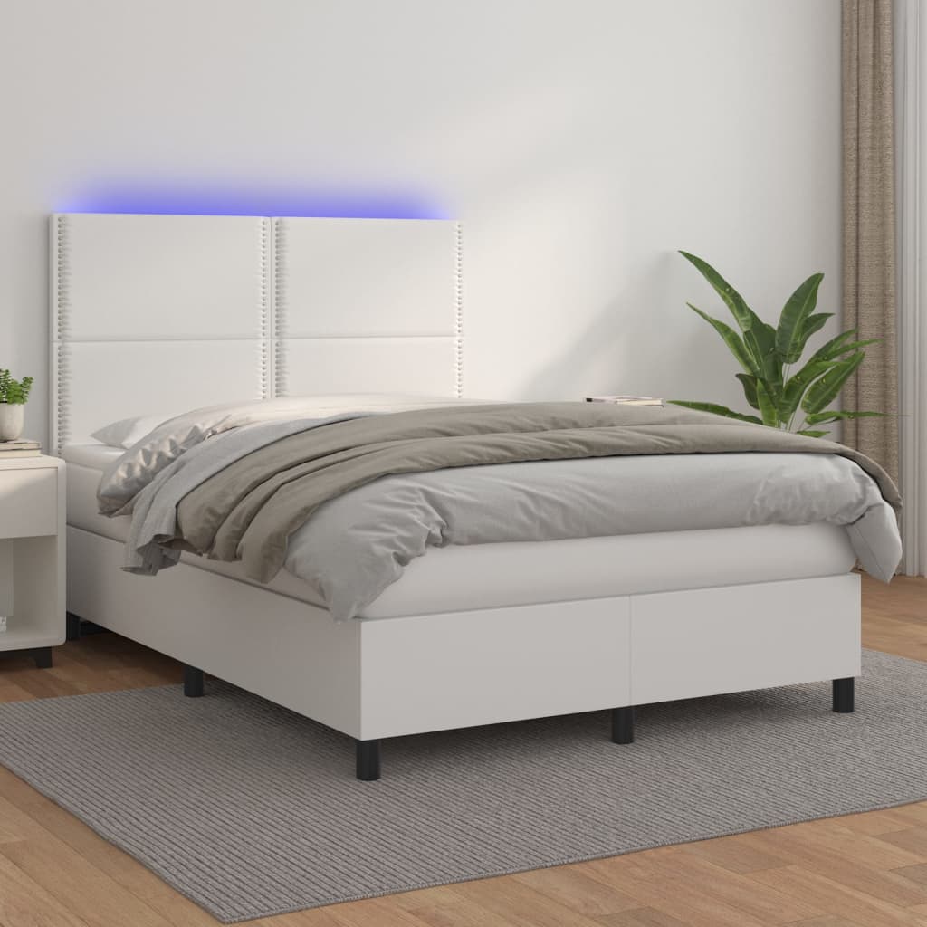 Cama box spring c/colchão/LED 140x190cm couro artificial branco