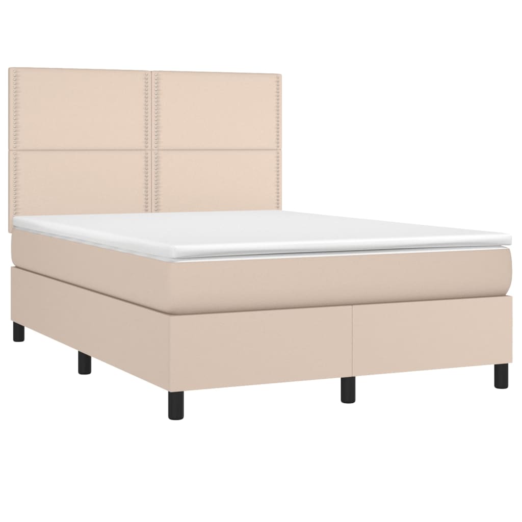 Cama box spring c/colchão/LED 140x190cm couro artif. cappuccino