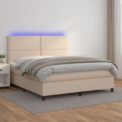 Cama box spring c/colchão/LED 140x190cm couro artif. cappuccino