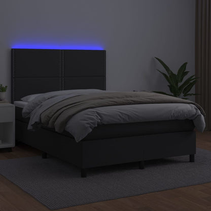 Cama box spring c/ colchão/LED 140x200cm couro artificial preto