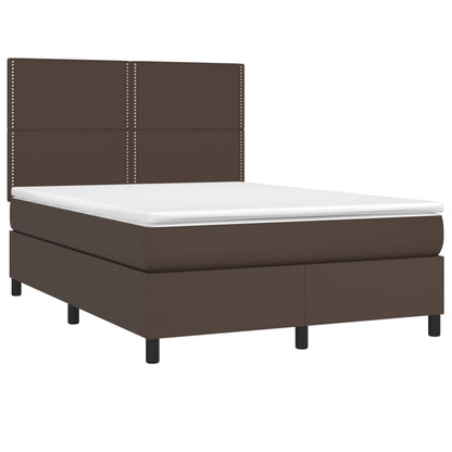 Cama box spring c/ colchão/LED 140x200 cm couro artif. castanho