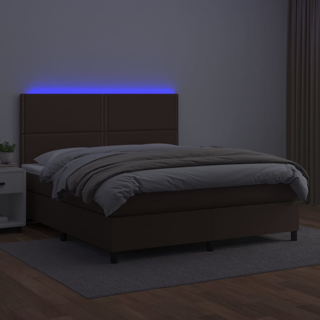 Cama box spring c/ colchão/LED 140x200 cm couro artif. castanho