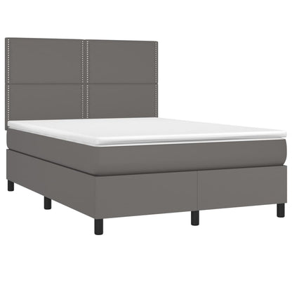 Cama box spring c/ colchão/LED 140x200cm couro artificial cinza