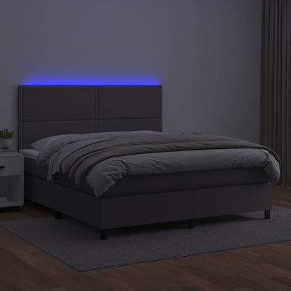 Cama box spring c/ colchão/LED 140x200cm couro artificial cinza