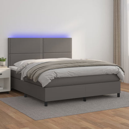 Cama box spring c/ colchão/LED 140x200cm couro artificial cinza