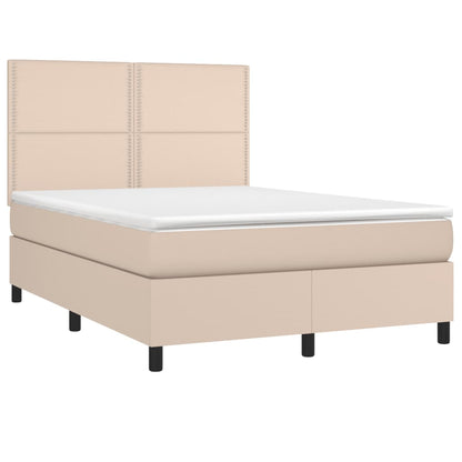 Cama box spring c/colchão/LED 140x200cm couro artif. cappuccino