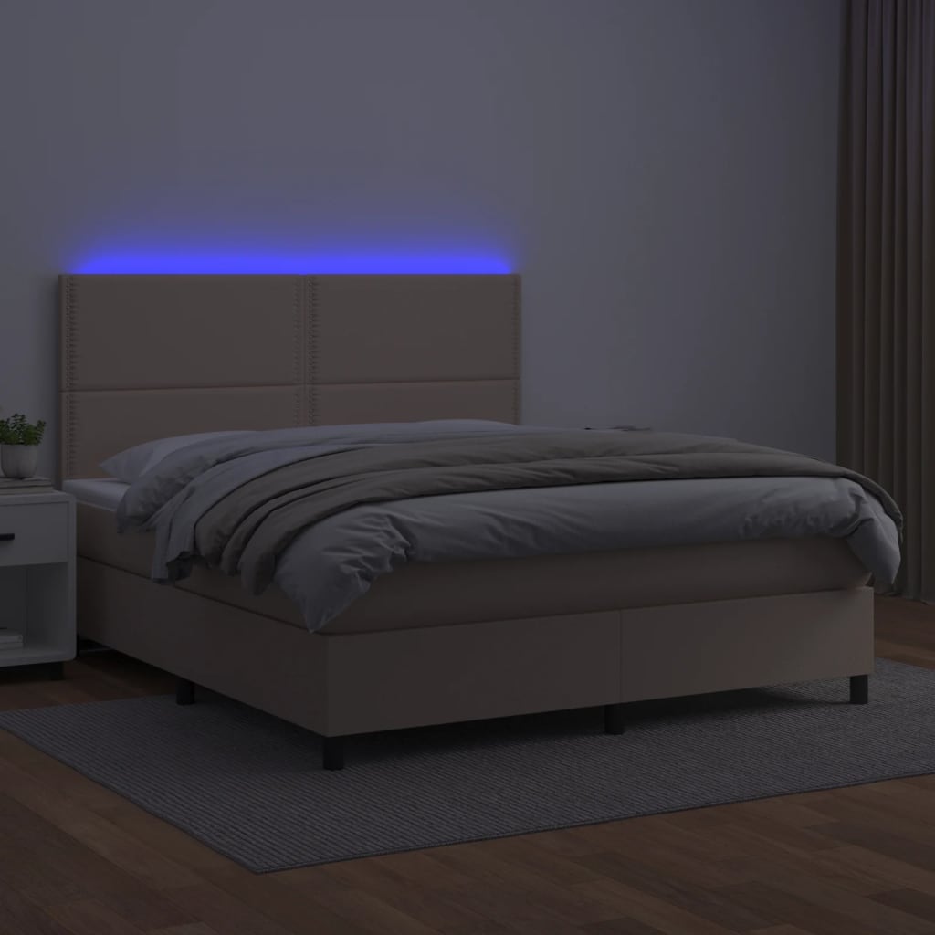 Cama box spring c/colchão/LED 140x200cm couro artif. cappuccino