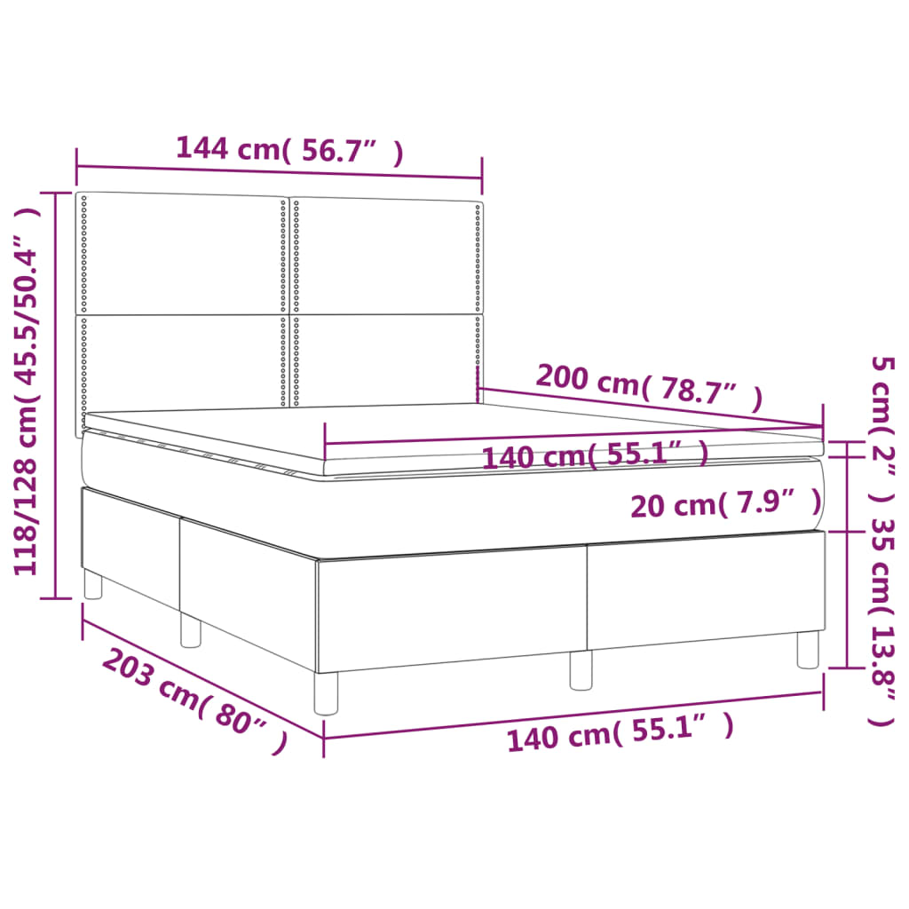 Cama box spring c/colchão/LED 140x200cm couro artif. cappuccino