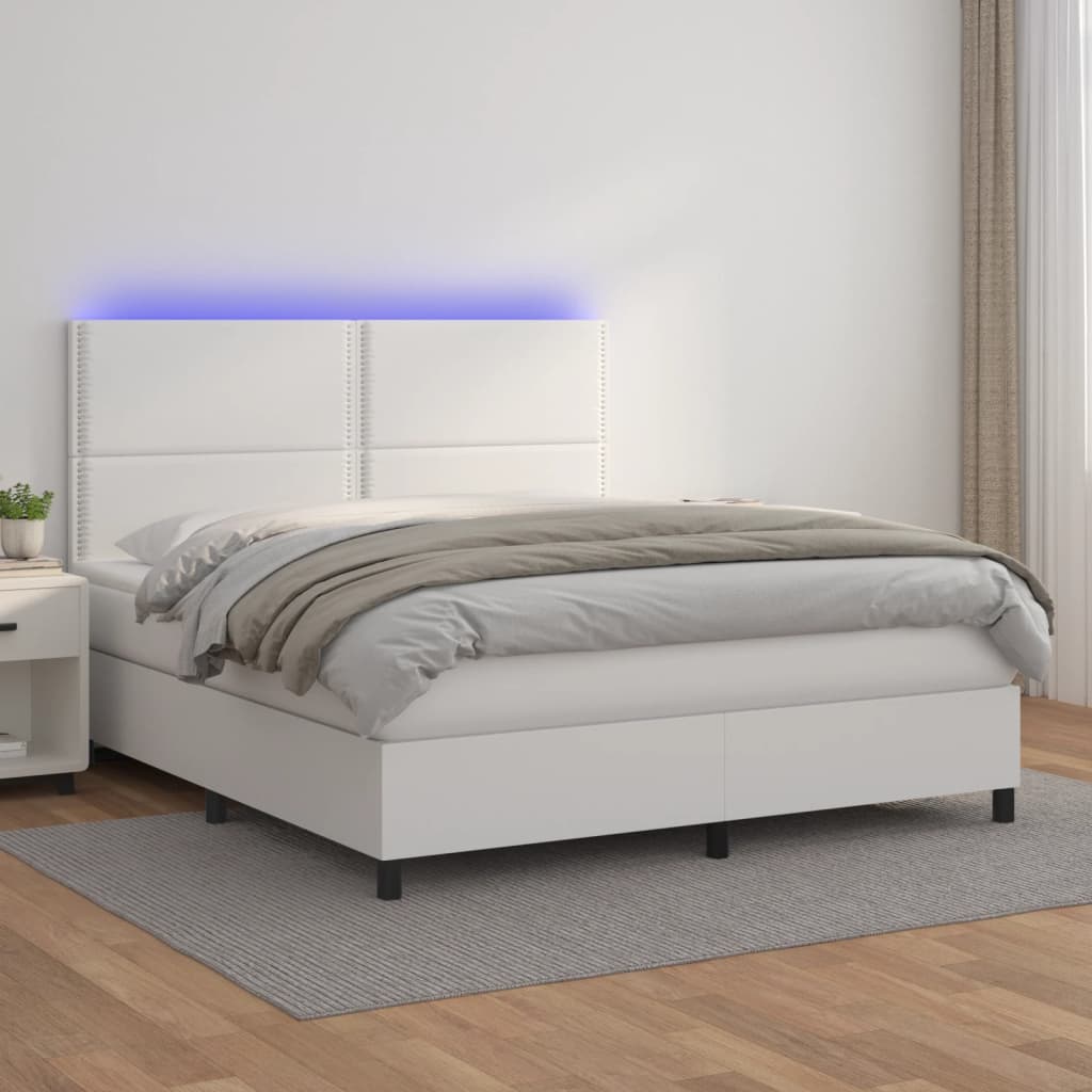 Cama box spring c/colchão/LED 160x200cm couro artificial branco