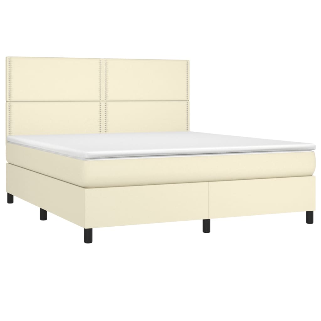 Cama box spring c/ colchão/LED 160x200cm couro artificial creme