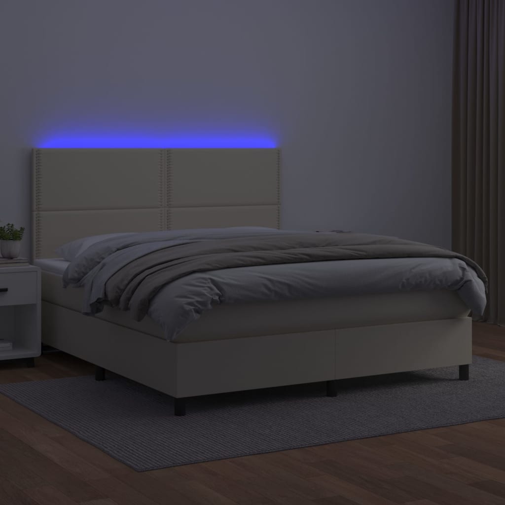 Cama box spring c/ colchão/LED 160x200cm couro artificial creme