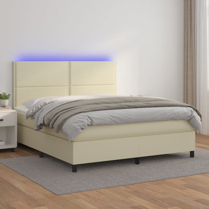 Cama box spring c/ colchão/LED 160x200cm couro artificial creme