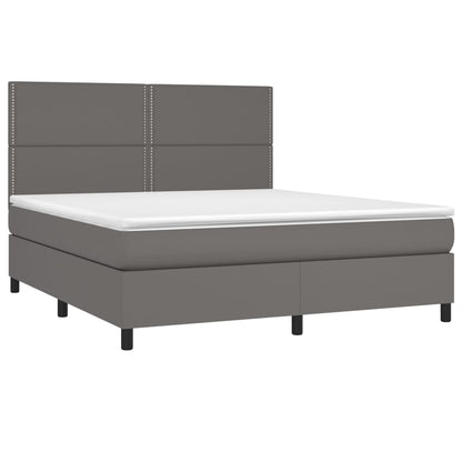 Cama box spring c/ colchão/LED 160x200cm couro artificial cinza