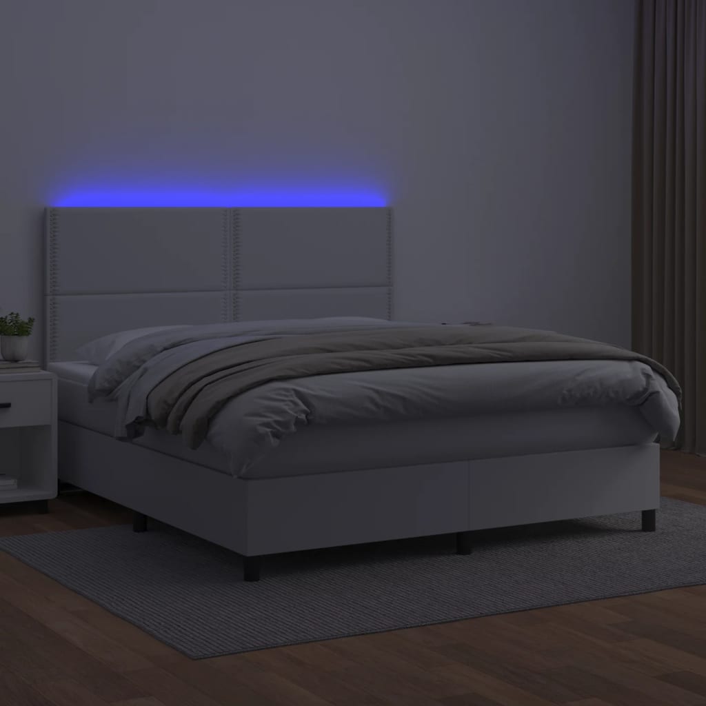 Cama box spring c/colchão/LED 180x200cm couro artificial branco