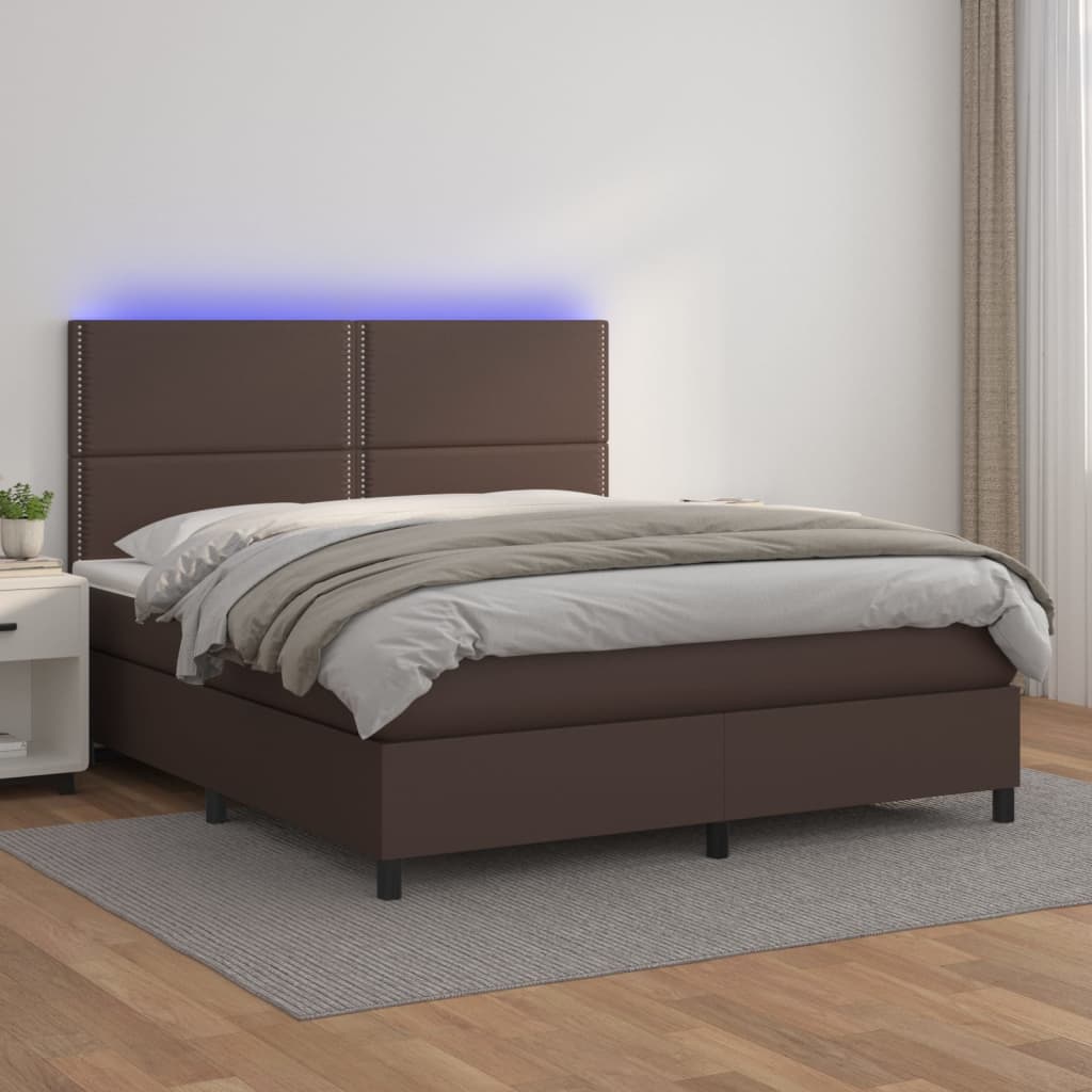 Cama box spring c/ colchão/LED 180x200 cm couro artif. castanho