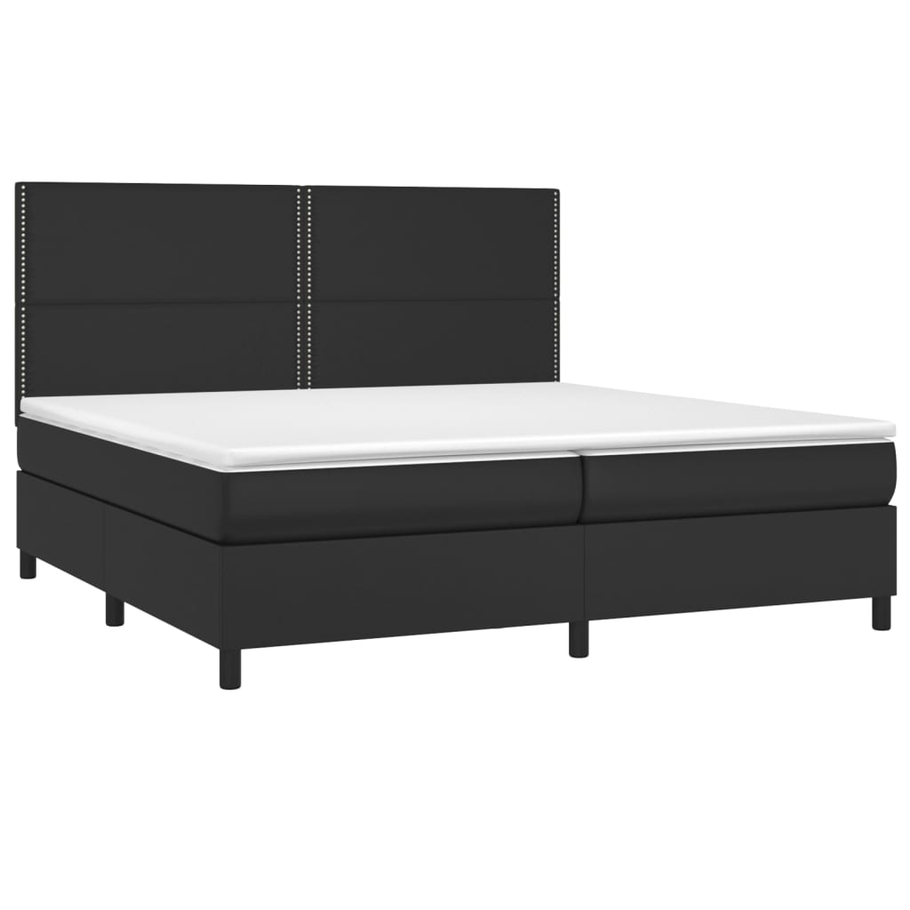 Cama box spring c/ colchão/LED 200x200cm couro artificial preto