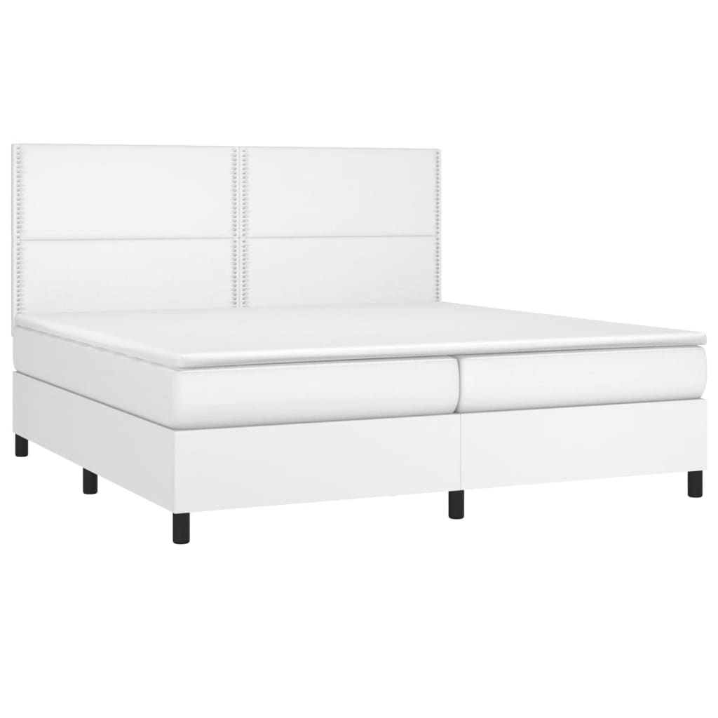 Cama box spring c/colchão/LED 200x200cm couro artificial branco