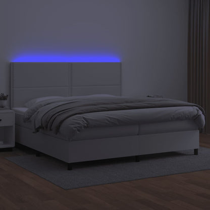 Cama box spring c/colchão/LED 200x200cm couro artificial branco