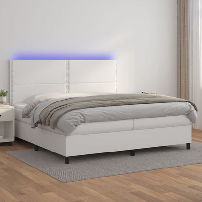 Cama box spring c/colchão/LED 200x200cm couro artificial branco