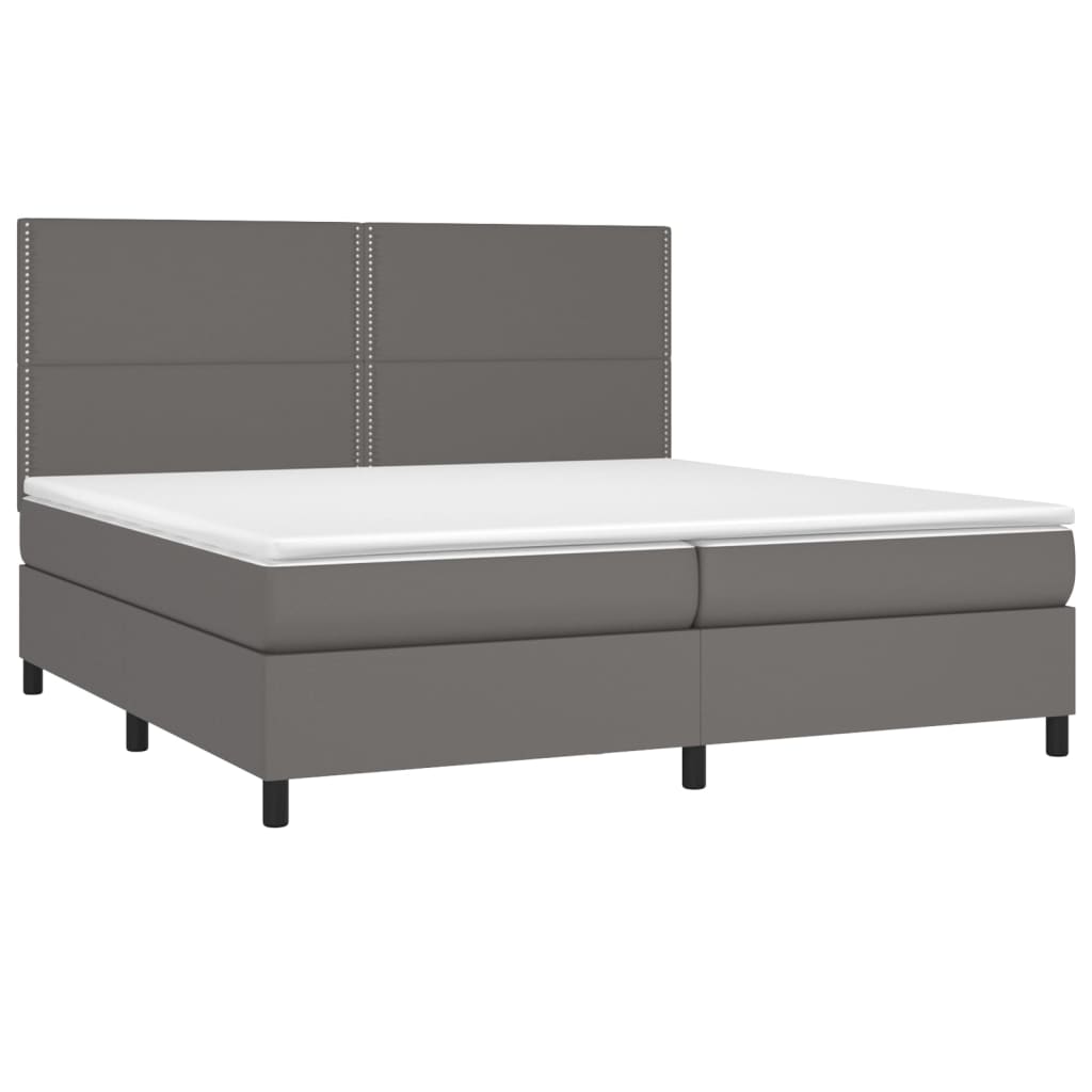 Cama box spring c/ colchão/LED 200x200cm couro artificial cinza