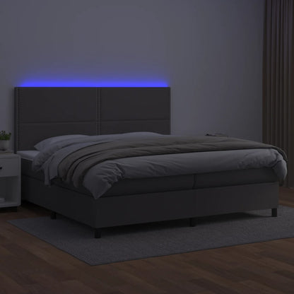 Cama box spring c/ colchão/LED 200x200cm couro artificial cinza