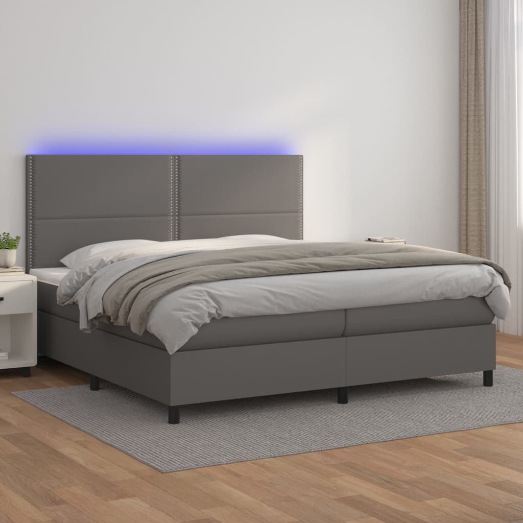 Cama box spring c/ colchão/LED 200x200cm couro artificial cinza