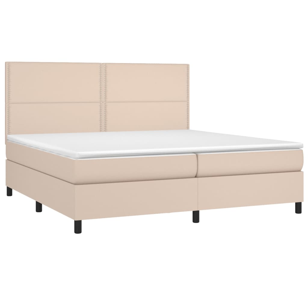 Cama box spring c/colchão/LED 200x200cm couro artif. cappuccino