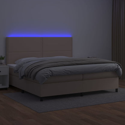 Cama box spring c/colchão/LED 200x200cm couro artif. cappuccino