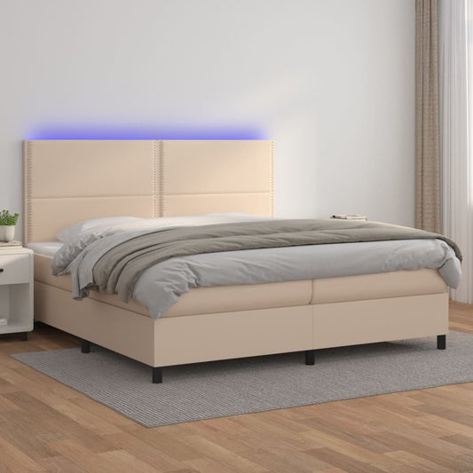 Cama box spring c/colchão/LED 200x200cm couro artif. cappuccino