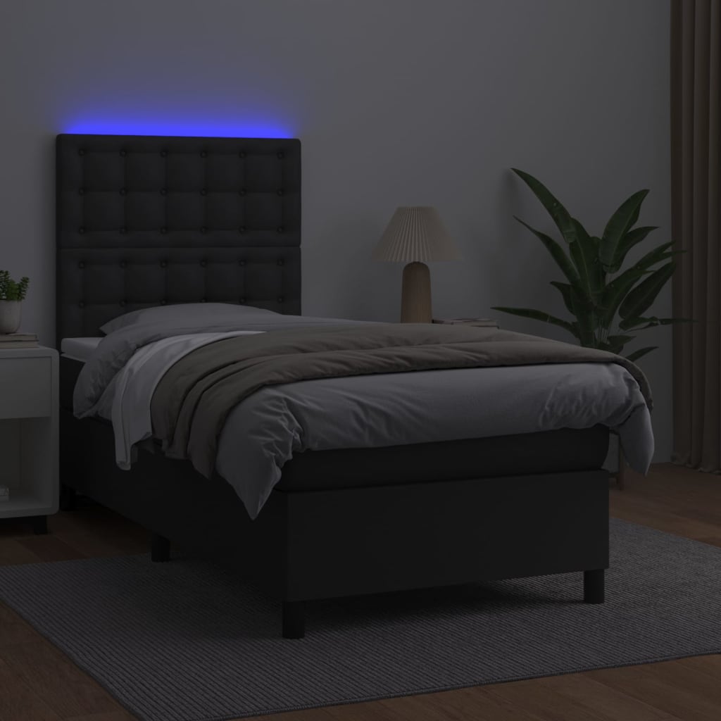 Cama box spring c/ colchão/LED 80x200 cm couro artificial preto