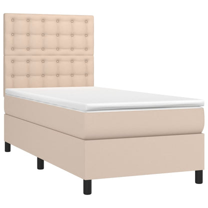 Cama box spring c/ colchão/LED 80x200cm couro artif. cappuccino