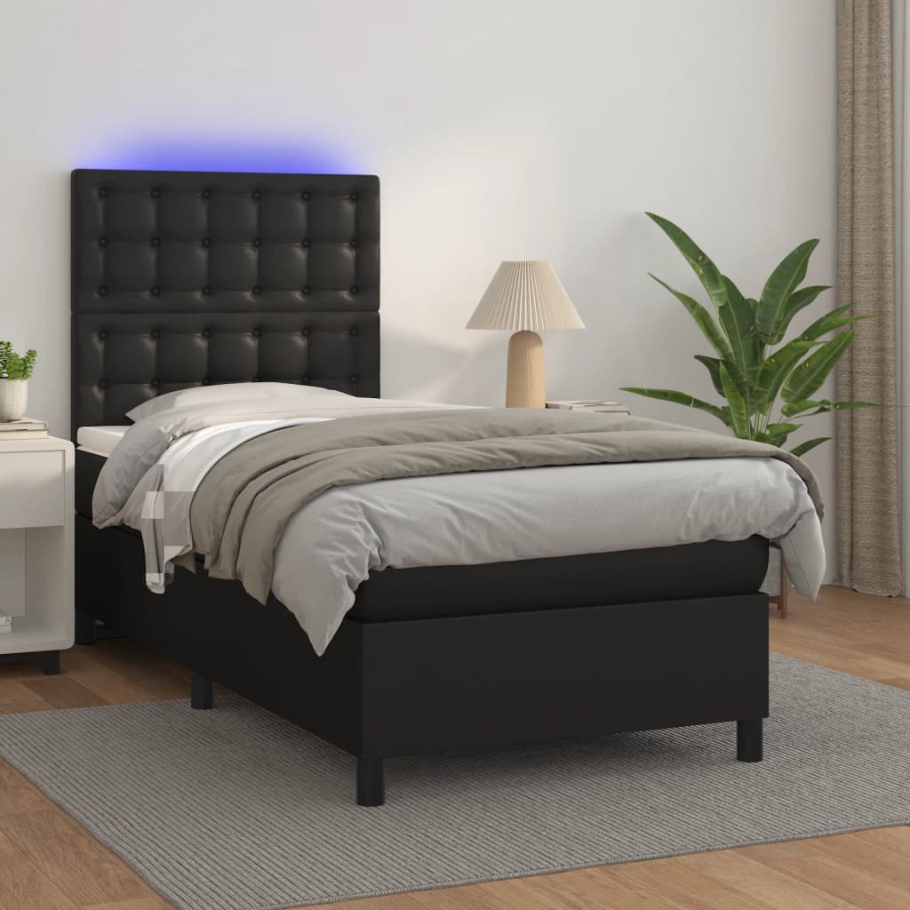 Cama box spring c/ colchão/LED 90x190 cm couro artificial preto