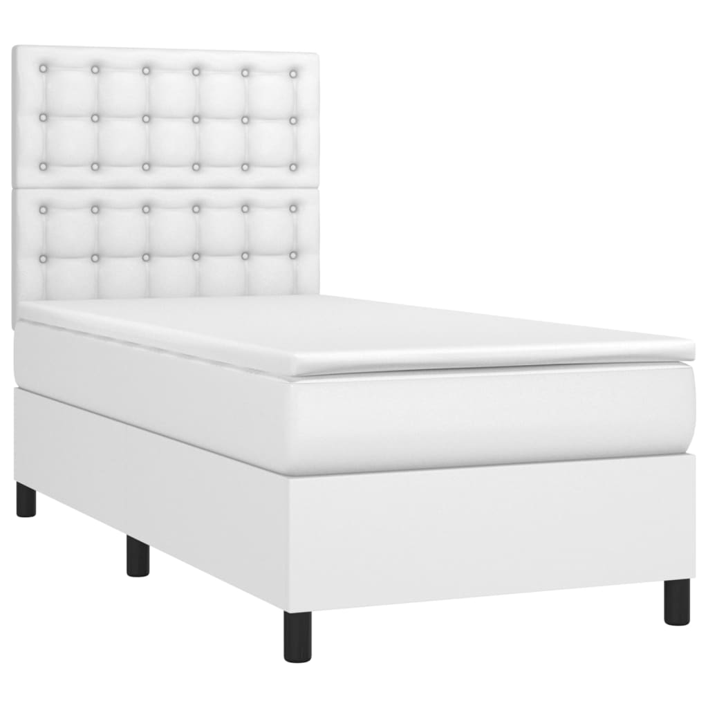 Cama box spring c/ colchão/LED 90x190cm couro artificial branco