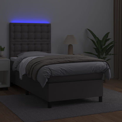 Cama box spring c/ colchão/LED 90x190 cm couro artificial cinza