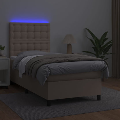 Cama box spring c/ colchão/LED 90x190cm couro artif. cappuccino