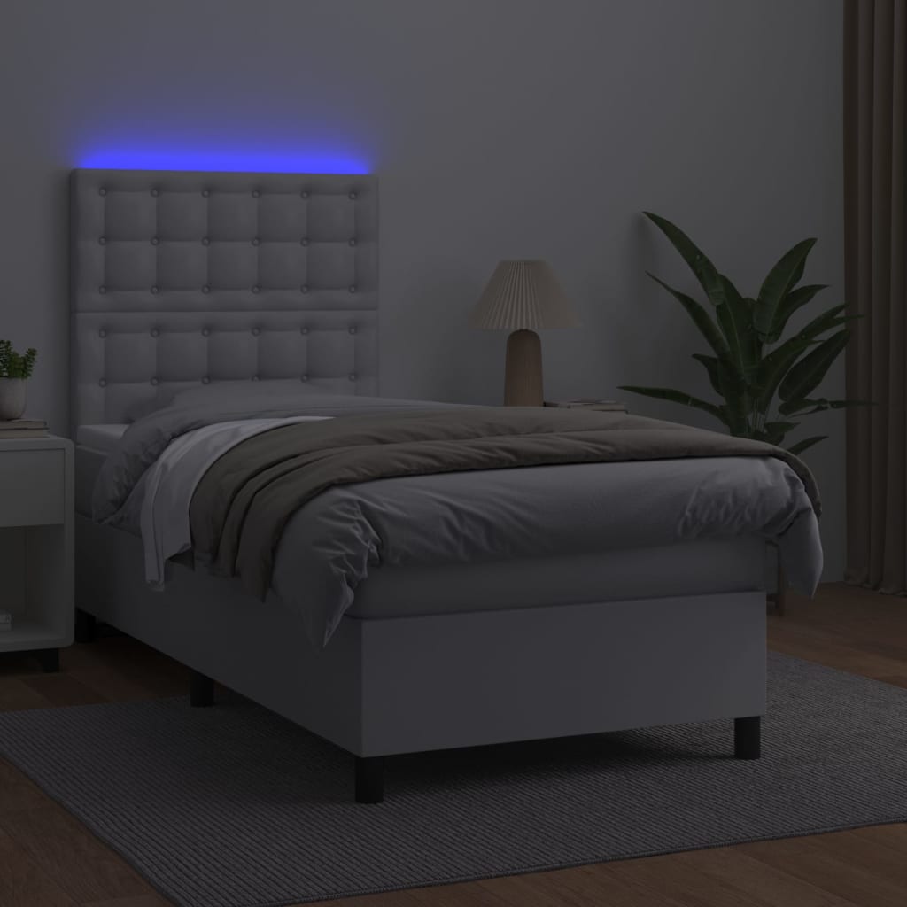 Cama box spring c/colchão/LED 100x200cm couro artificial branco