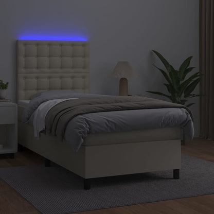 Cama box spring c/ colchão/LED 100x200cm couro artificial creme