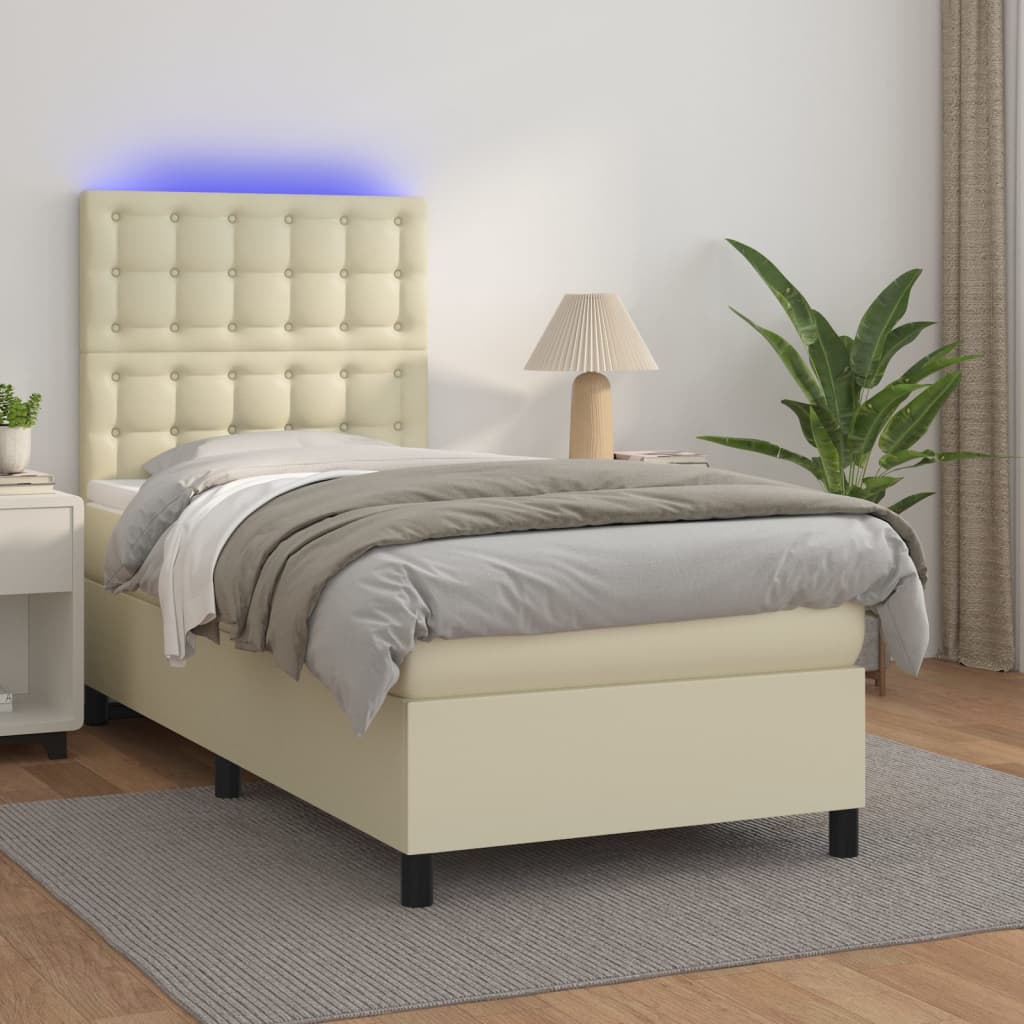 Cama box spring c/ colchão/LED 100x200cm couro artificial creme