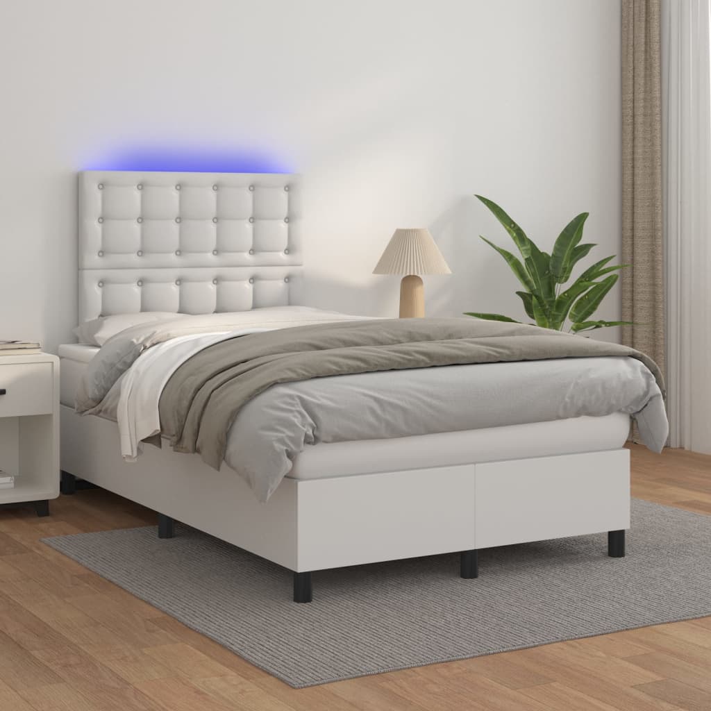 Cama box spring c/colchão/LED 120x200cm couro artificial branco