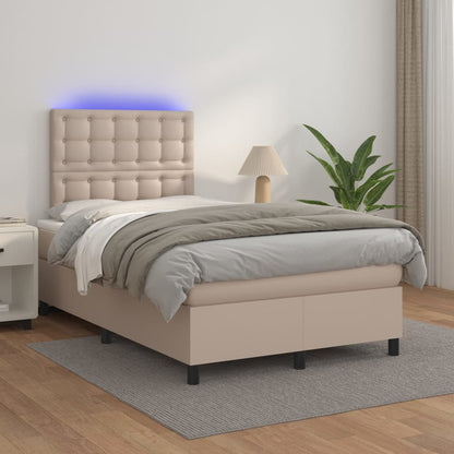 Cama box spring c/colchão/LED 120x200cm couro artif. cappuccino