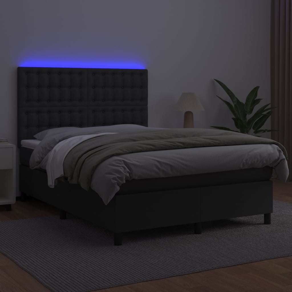 Cama box spring c/ colchão/LED 140x190cm couro artificial preto