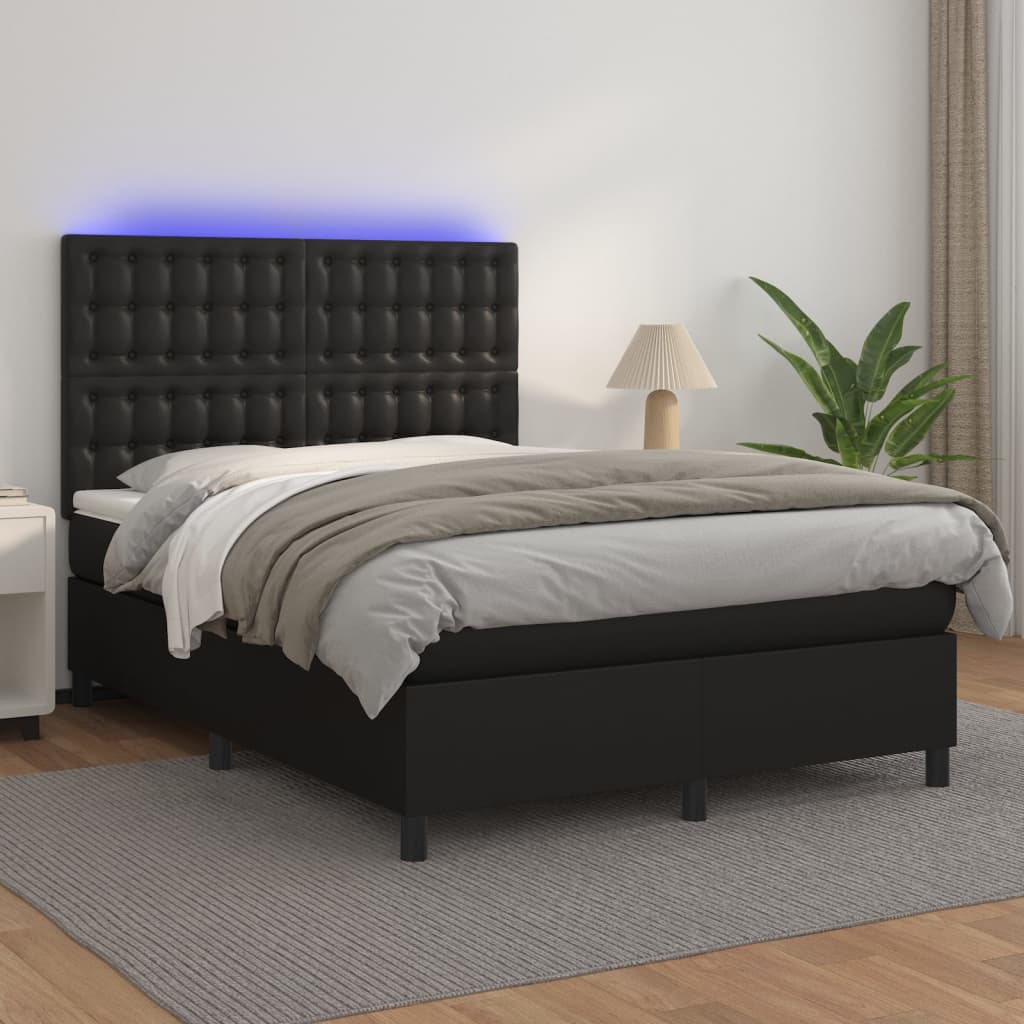 Cama box spring c/ colchão/LED 140x190cm couro artificial preto