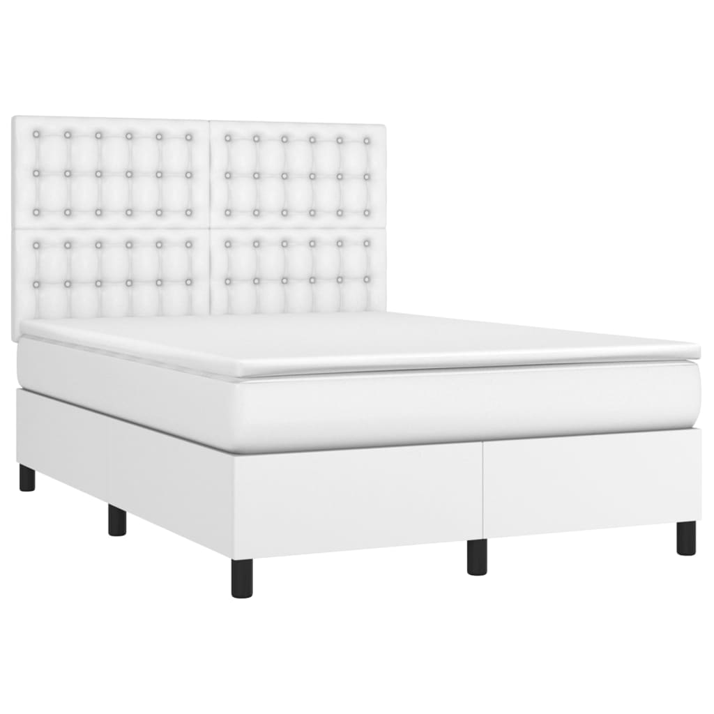 Cama box spring c/colchão/LED 140x190cm couro artificial branco