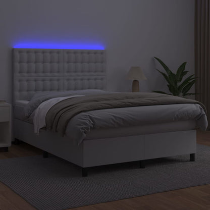 Cama box spring c/colchão/LED 140x190cm couro artificial branco