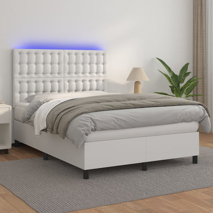 Cama box spring c/colchão/LED 140x190cm couro artificial branco