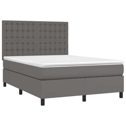 Cama box spring c/ colchão/LED 140x190cm couro artificial cinza